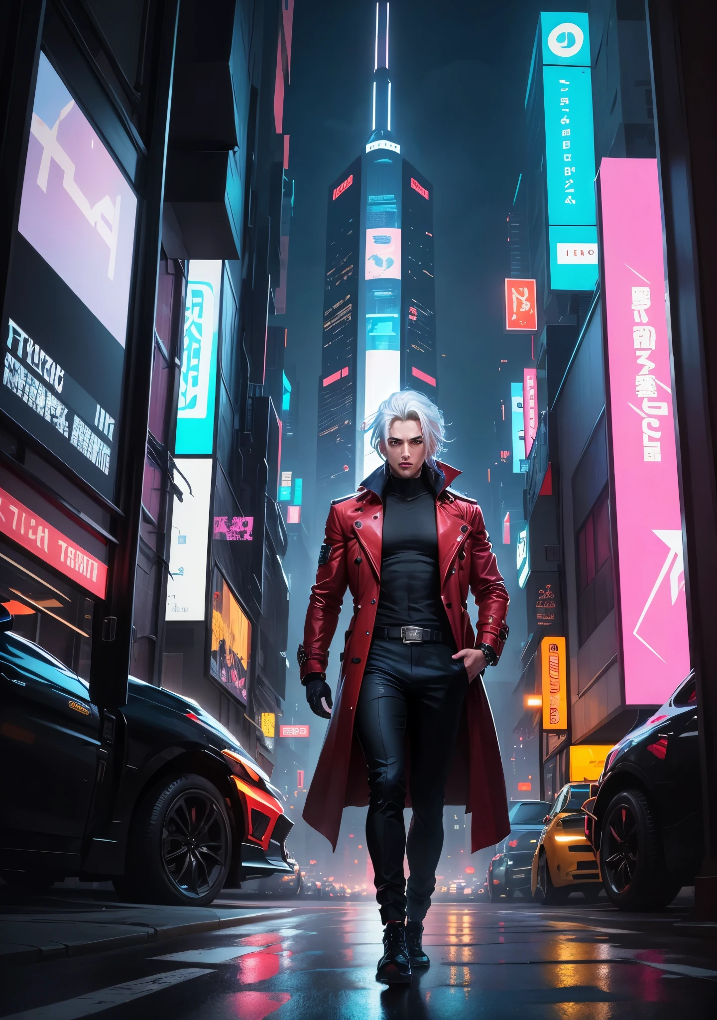 "A striking anime male character with white hair obscuring his eyes stands confidently in a bustling cyberpunk cityscape. He wears a detailed red trench coat with intricate black designs, exuding an air of authority and mystery. In his hand, he holds a massive, intricately designed sword that gleams under the city lights. The backdrop is a futuristic metropolis, alive with towering skyscrapers and glowing neon signs in shades of pink and blue. The scene is bustling with energy, reflecting the vibrant and chaotic nature of the city. The character's calm demeanor amidst the urban chaos highlights his role as a formidable presence in this cybernetic world. The overall style is inspired by neo-noir and cyberpunk aesthetics, emphasizing high contrast and dynamic lighting."