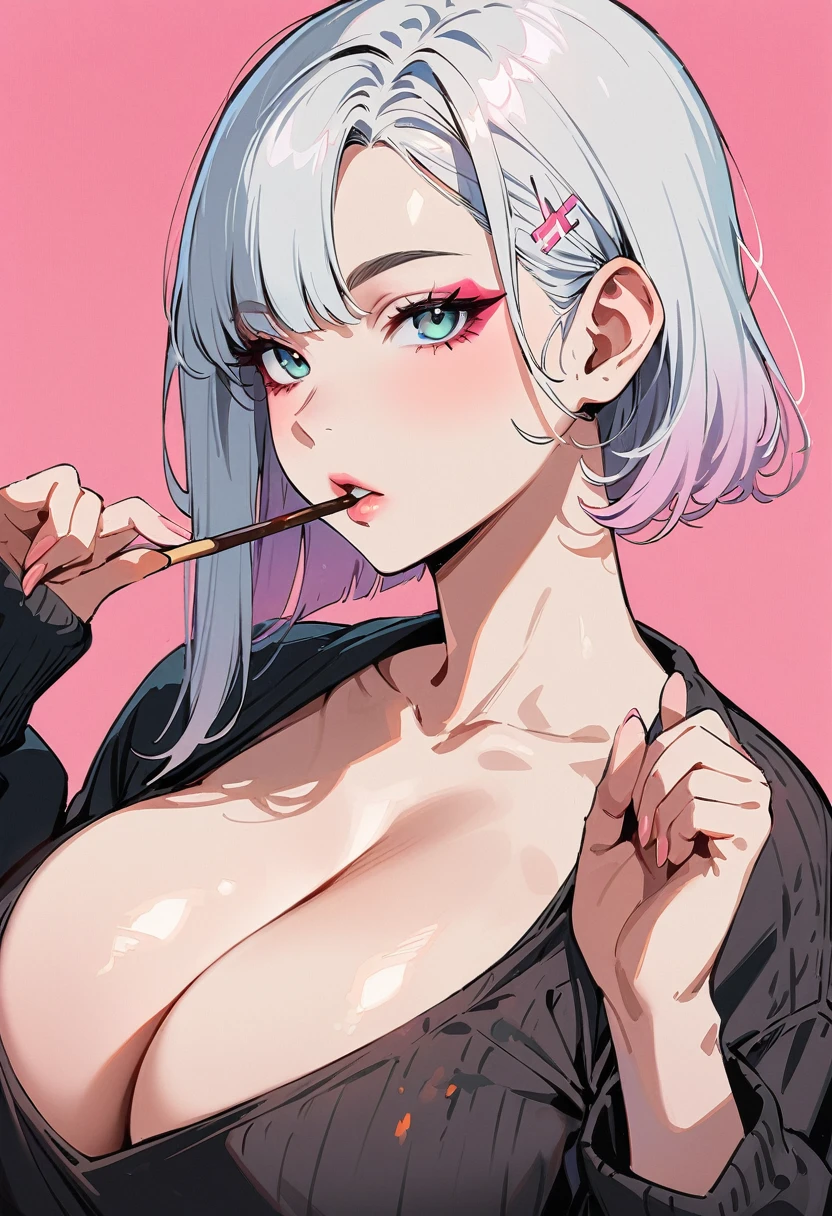 (masterpiece, best quality:1.4), 1 girl, 独奏, Anime style, Gray pupil, Blurred eyes, Holding pocky, Pink lower lip, Cyberpunk style makeup, Short silver asymmetrical hair, Asymmetrical short hairstyle, Long bangs on one side, Color highlights, Huge breasts, Black Sweater, Pink background.