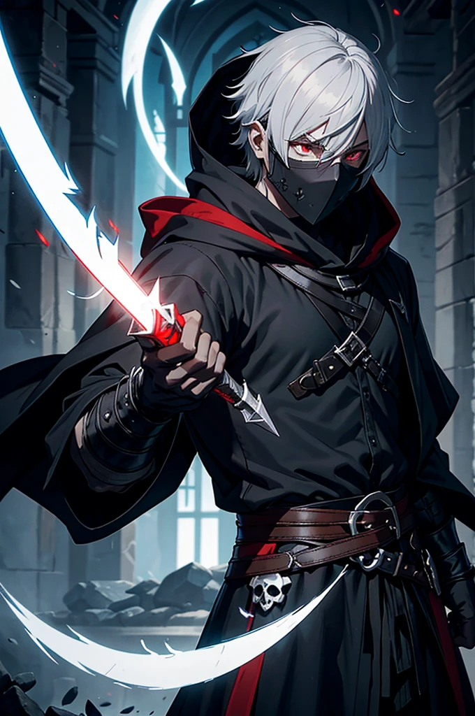 An assassin, male, fantasy character, physically strong, wearing a skull mask covering his face and eyes, dressed in black medieval attire, with a white hooded cloak over it, gray hair, short hair, red eyes, holding a dagger, nighttime background.