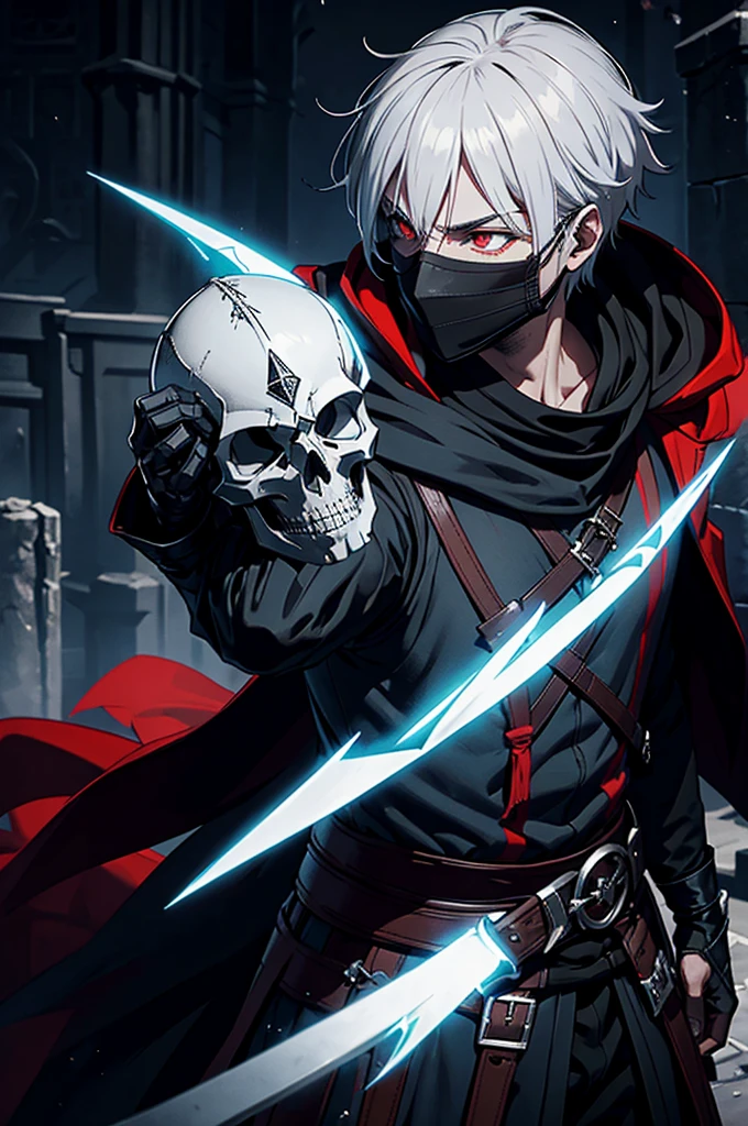 An assassin, male, fantasy character, physically strong, wearing a skull mask covering his face and eyes, dressed in black medieval attire, with a white hooded cloak over it, gray hair, short hair, red eyes, holding a dagger, nighttime background.