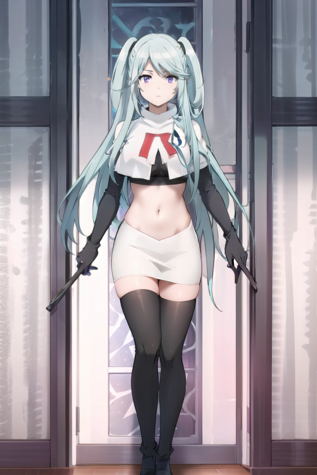 tall body, tall, long legs, mature female, mature, adult, simple background,
 eft_eminence_epil, 1girl, twintails, purple eyes, long hair, looking at viewer, solo focus, bangs, blue hair, indoors, very long hair, breasts, sidelocks, team rocket,team rocket uniform,white skirt,red letter R,crop top,black thigh-highs,black elbow gloves