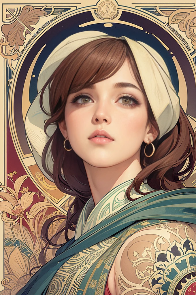 ((tmasterpiece)), (Best quality), (Cinematic), in an art nouveau style, Watercolor painting , lunar goddess , derly woman), age 55, largeeyes, Long, thick lashes, By bangs, chubbiness, lush lips, dark red eye, hair long and thick, high ponytails, , Chopping, Flower_Background with, Intricate designs and patterns in the style of Alphonse Mucha.