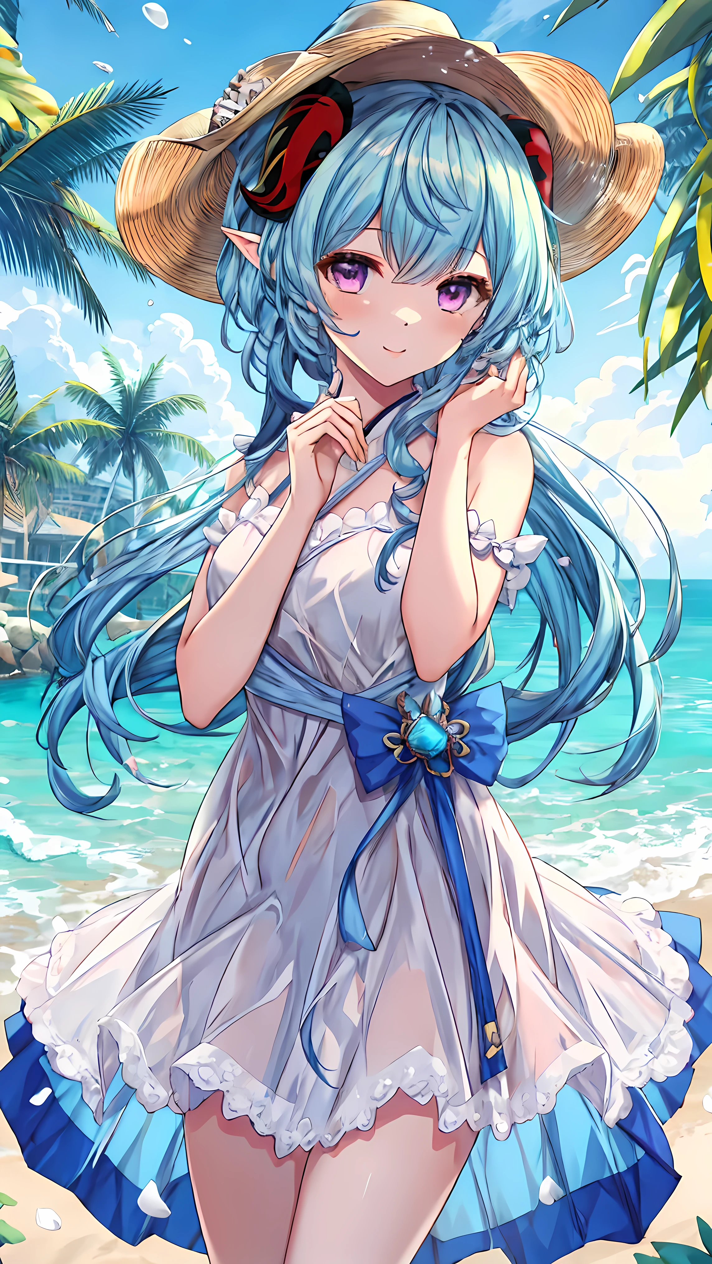 (Highest quality, masterpiece:1.4) , (absurdes:1.2), Complex, One girl, alone, Cinema Lighting, ganyu \(genshin impact\), Fairy, Pointed Ears, Blue Hair, length hair, Purple Eyes, bangs, lips, ocean returnground, sundress, Straw hat, arms_behind_return, smile, blush,Beach,barefoot, detailed returnground, Are standing, full_body, white_dress, length_dress, detailed clothing folds, transparent_clothing, SFW, see-through dress, See-through silhouette,(Moderate_chest:0.4), 日没 BREAK looking at viewer, (Cowboy Shot:1.5), smile,Composition from below, Thighs, セクシー BREAK (masterpiece:1.2), Highest quality, High resolution, unity 8k wallpaper, (figure:0.8), (Beautiful fine grain:1.6), Highly detailed face, Perfect lighting, Highly detailed CG, (Perfect hands, Perfect Anatomy) BREAK ((masterpiece,Highest quality)), Super detailed, Shine, shine, Ray Tracing, (Perfect Face, Detailed face, Fine grain, Perfect hands, Perfect Fingers:1.5), HD, Super cute face, Highest quality, Super detailed BREAK Shine目, (highest quality realistic illustrations), (Super fine), (Cute illustrations:1.3), (High chroma:1.3) BREAK 詳細な美しい顔と目, Dynamic lighting, (Very delicate and beautiful) BREAK (Nice hands), (Perfect hands:1.4), Highly detailed illustration, Super cute and beautiful, Highest quality, Slender, ,Baby Face,