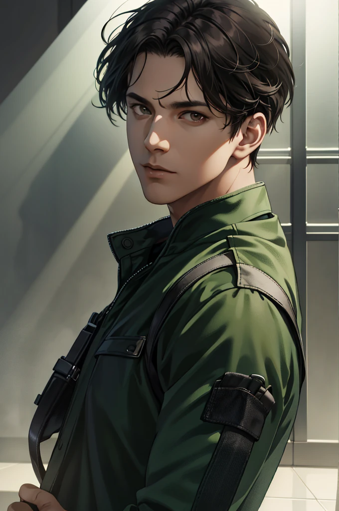 1 man, detailed facial features, beautiful brown eyes, dark skin, medium parted black hair, green jumpsuit, upper body pov, hallway, Reflection Light, God Rays, Ray Tracing, (best quality,4k,8k,highres,masterpiece:1.2),ultra-detailed,(realistic,photorealistic,photo-realistic:1.37),cinematic lighting,hyper detailed digital painting,dramatic lighting,moody atmosphere,vibrant colors