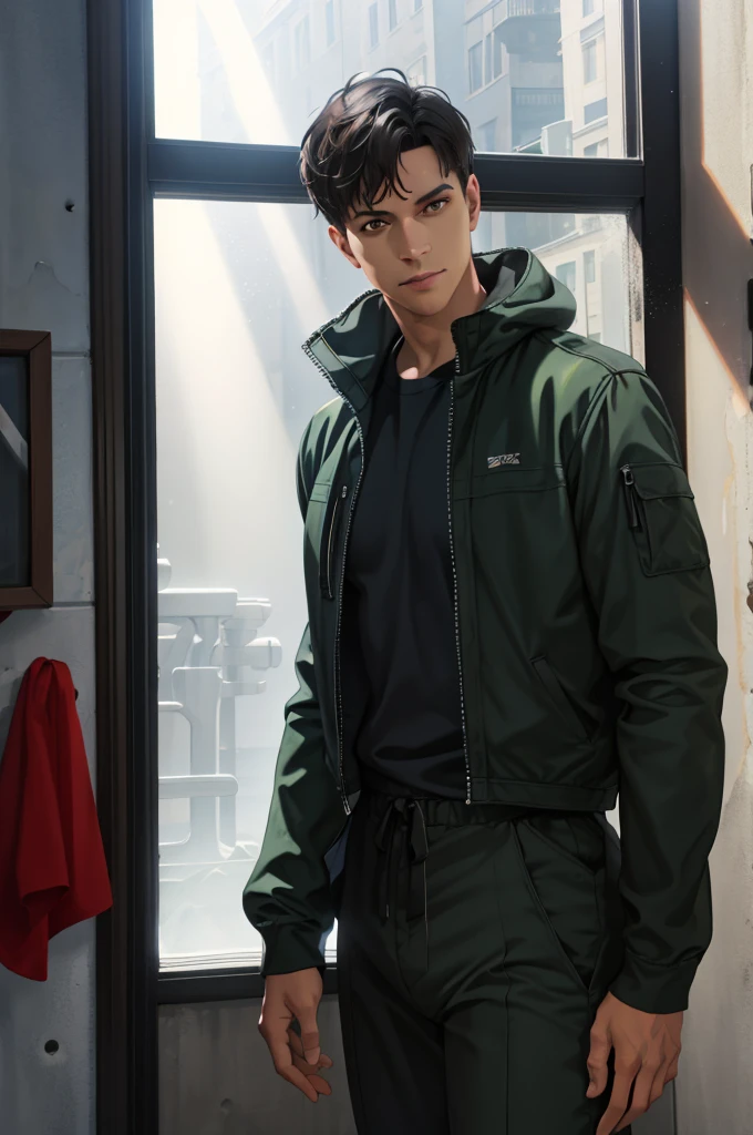 1 man, detailed facial features, beautiful brown eyes, dark skin, medium parted black hair, green jumpsuit, upper body pov, hallway, Reflection Light, God Rays, Ray Tracing, (best quality,4k,8k,highres,masterpiece:1.2),ultra-detailed,(realistic,photorealistic,photo-realistic:1.37),cinematic lighting,hyper detailed digital painting,dramatic lighting,moody atmosphere,vibrant colors