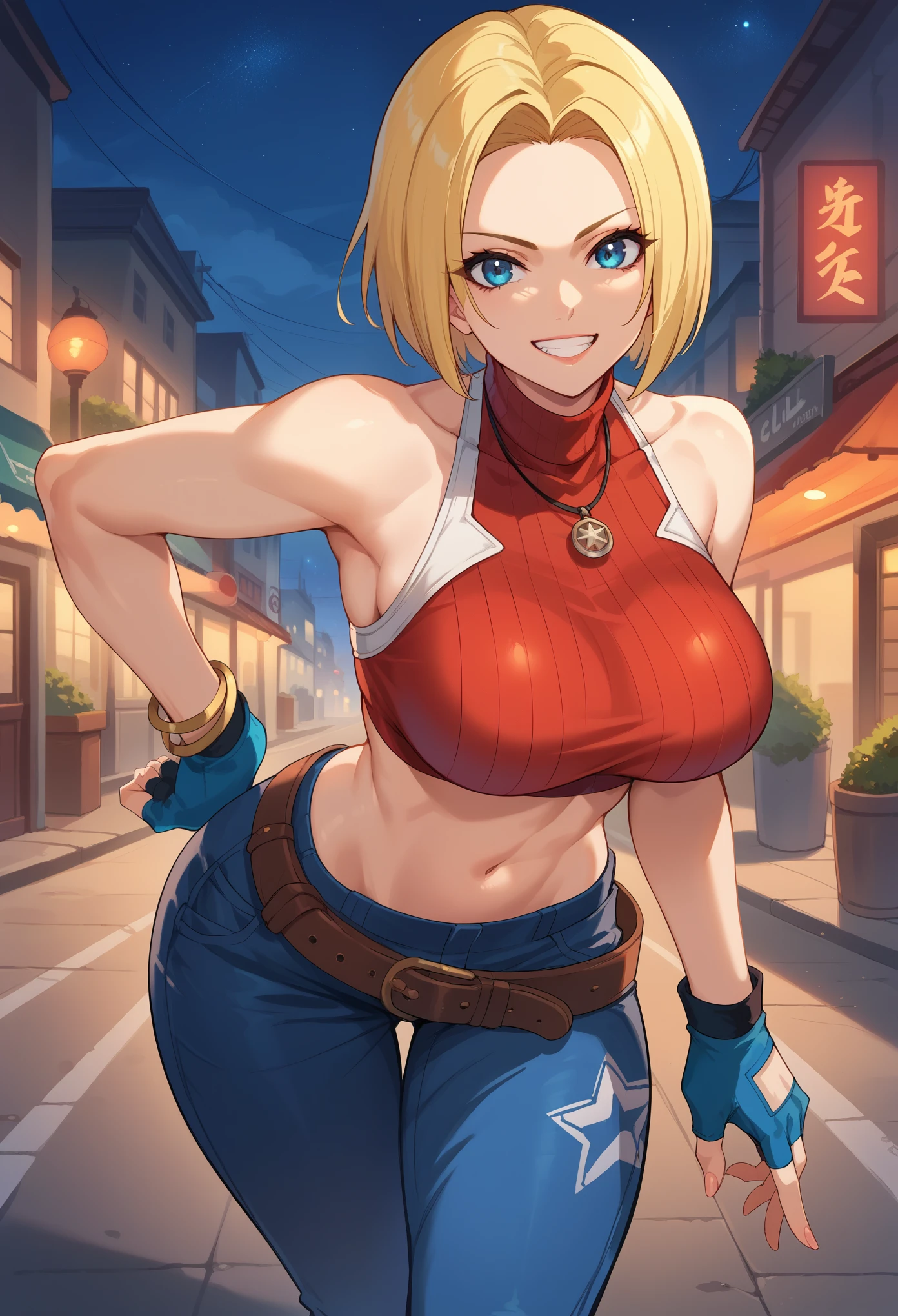 score_9, score_8_up, score_7_up, 1girl, solo, BlueMary, short hair, blue eyes,pants, crop top, turtleneck, belt, large breasts, necklace,fingerless gloves, standing, fists on the hips, leaning forward, grin, star on pant, standing, looking at you, night, street, illimunated city
