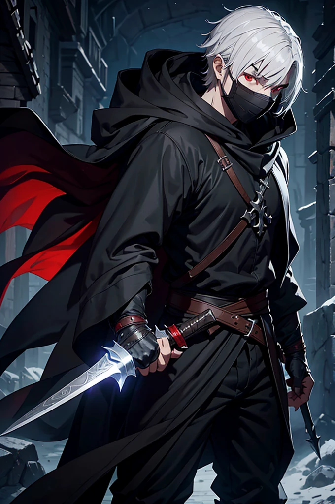 An assassin, male, fantasy character, physically strong, wearing a skull mask covering his face and eyes, dressed in black medieval attire, with a white hooded cloak over it, gray hair, short hair, red eyes, holding a dagger, nighttime background.