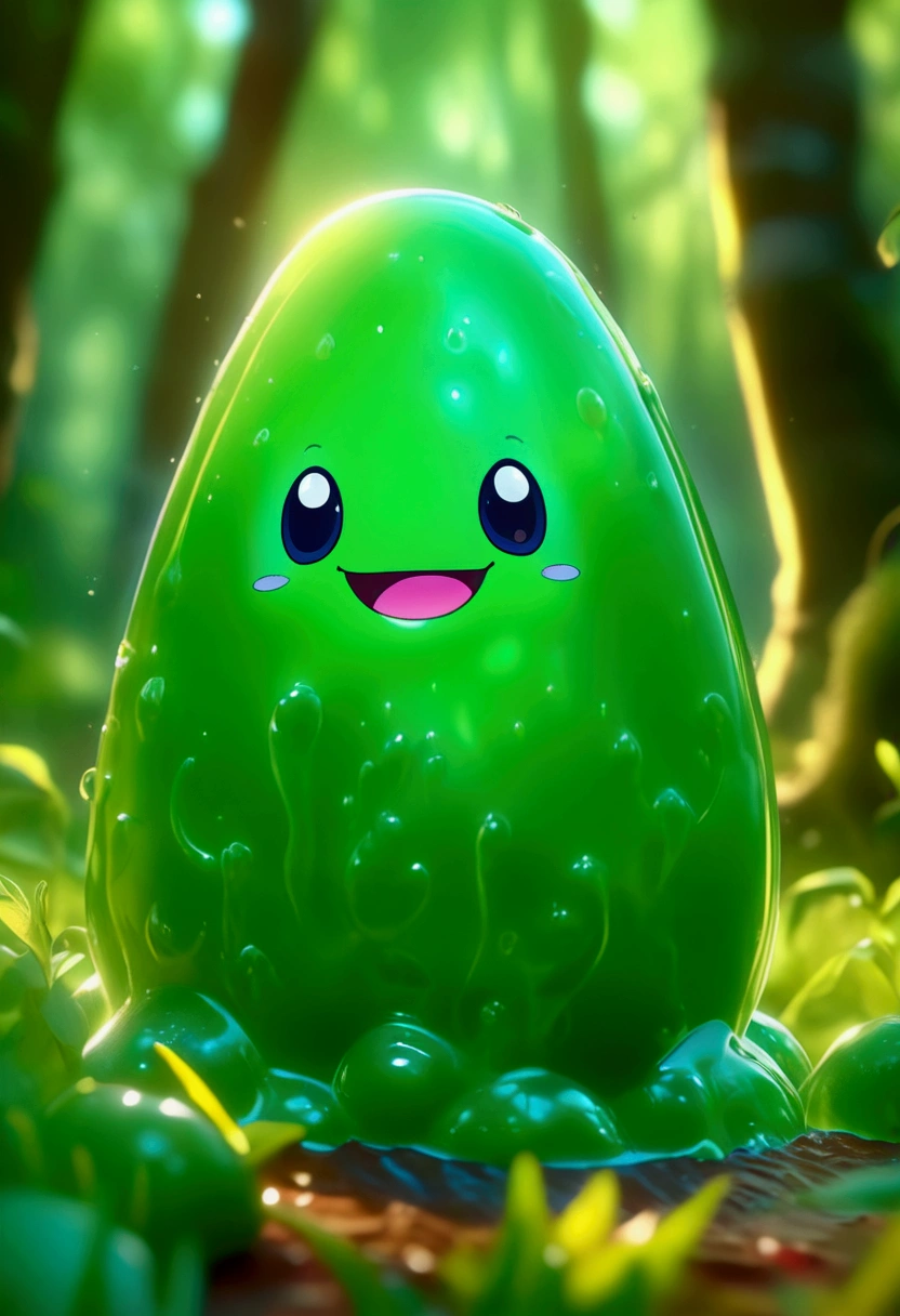 (cute Slime), In a forest full of fantasy colors, a translucent slime shines under the sunlight. It moves slowly on the grass, full body, award-winning, cinematic still, emotional, vignette, dynamic, vivid, (masterpiece, best quality, photorealistic, Professional, perfect composition, very aesthetic, absurdres, ultra-detailed, intricate details:1.3)