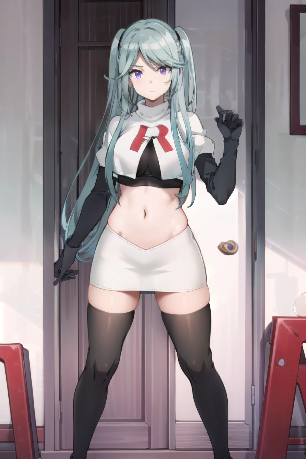 tall body, tall, long legs, mature female, mature, adult, simple background,
eft_eminence_epil, 1girl, twintails, purple eyes, long hair, looking at viewer, solo focus, bangs, blue hair, indoors, very long hair, breasts, sidelocks, team rocket,team rocket uniform,white skirt,red letter R,crop top,black thigh-highs,black elbow gloves