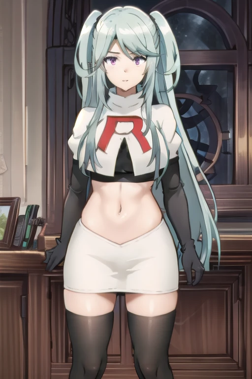 tall body, tall, long legs, mature female, mature, adult, simple background,
eft_eminence_epil, 1girl, twintails, purple eyes, long hair, looking at viewer, solo focus, bangs, blue hair, indoors, very long hair, breasts, sidelocks, team rocket,team rocket uniform,white skirt,red letter R,crop top,black thigh-highs,black elbow gloves