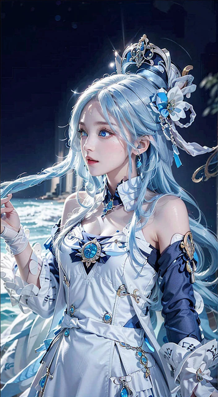 photography awards, masterpiece, blue hair, blue eyes, photorealistic, high resolution, soft light, brooch, waist bow, short shorts, blue suit, multicolored hair, white gloves, black gloves, white shirt, open clothes, water, underwater, ocean, single skirt hem, thigh strap, hat