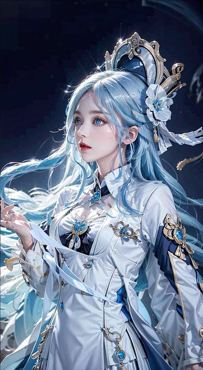 photography awards, masterpiece, blue hair, blue eyes, photorealistic, high resolution, soft light, brooch, waist bow, short shorts, blue suit, multicolored hair, white gloves, black gloves, white shirt, open clothes, water, underwater, ocean, single skirt hem, thigh strap, hat