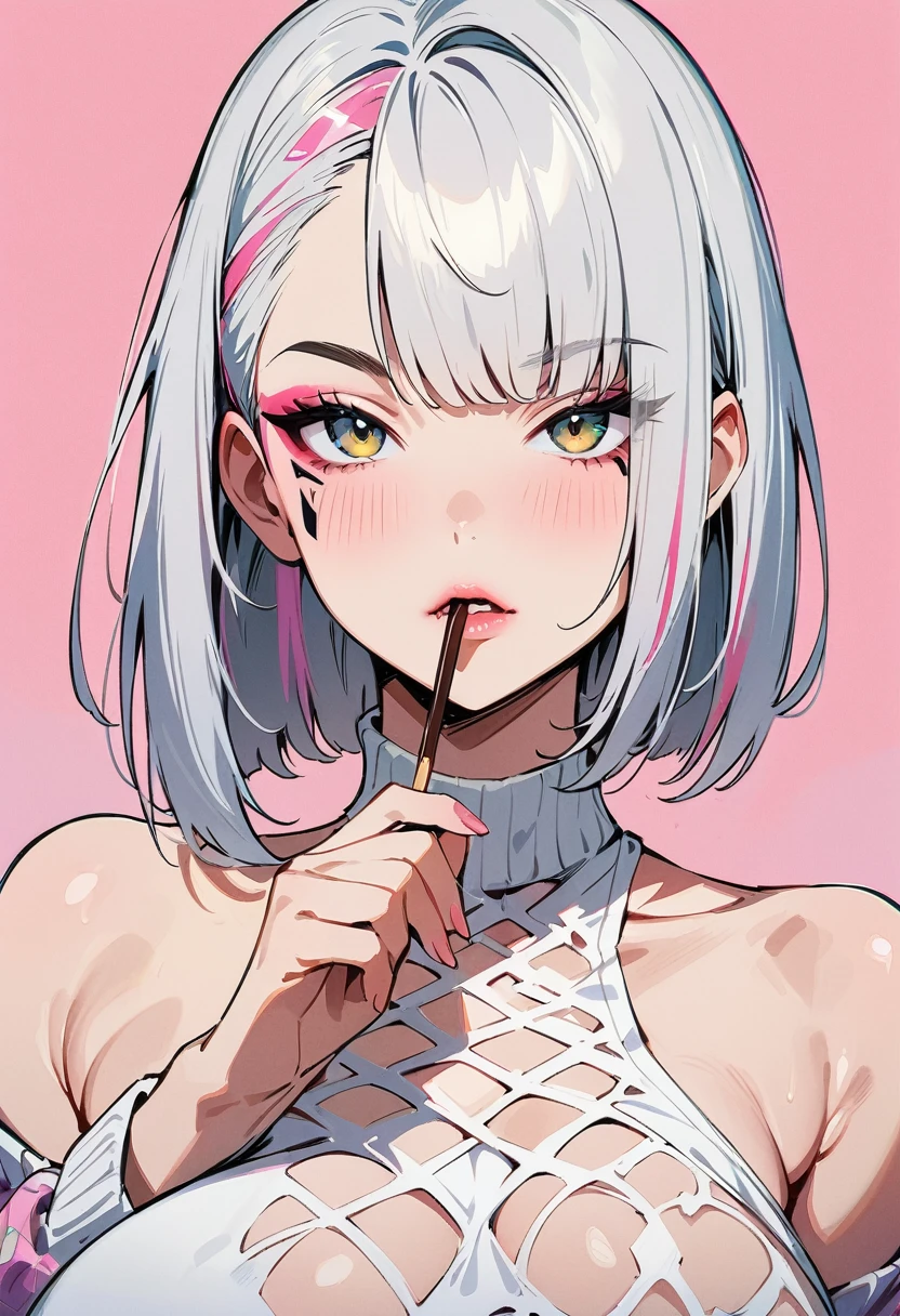 (masterpiece, best quality:1.4), 1 girl, 独奏, Anime style, Gray pupil, Blurred eyes, Holding pocky, Pink lower lip, Cyberpunk style makeup, Short silver asymmetrical hair, Asymmetrical short hairstyle, Long bangs on one side, Color highlights, Huge breasts, Black openwork sweater, Pink background.