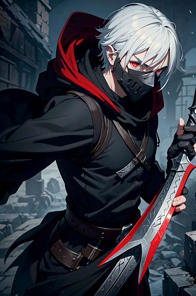 An assassin, male, fantasy character, physically strong, wearing a skull mask covering his face and eyes, dressed in black medieval attire, with a white hooded cloak over it, gray hair, short hair, red eyes, holding a dagger, nighttime background.