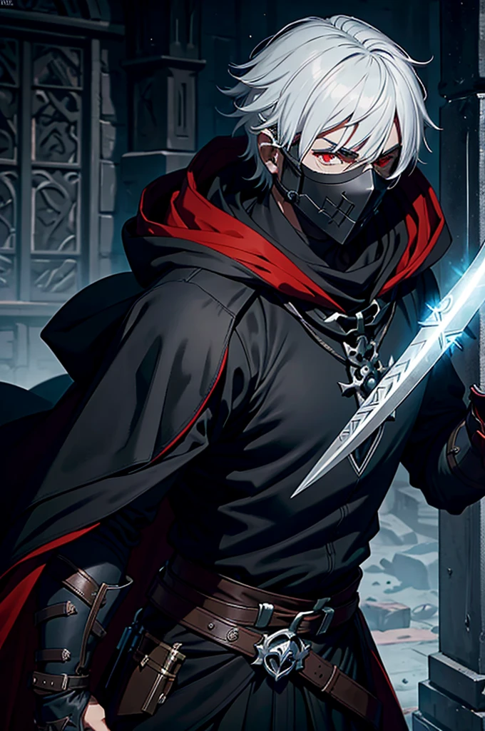 An assassin, male, fantasy character, physically strong, wearing a skull mask covering his face and eyes, dressed in black medieval attire, with a white hooded cloak over it, gray hair, short hair, red eyes, holding a dagger, nighttime background.