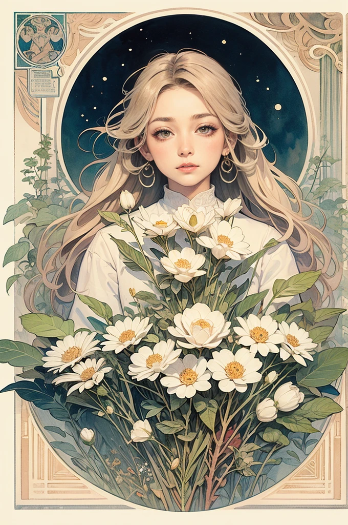 ((tmasterpiece)), (Best quality at best), (Cinematic),  Art Nouveau watercolor painting , lunar goddess  , large eyes, Long thick eyelashes, plump lips, dark red eye, Long hair is thick,  high ponytails, chubby, floral_background, Intricate designs and patterns in the style of Alphonse Mucha.