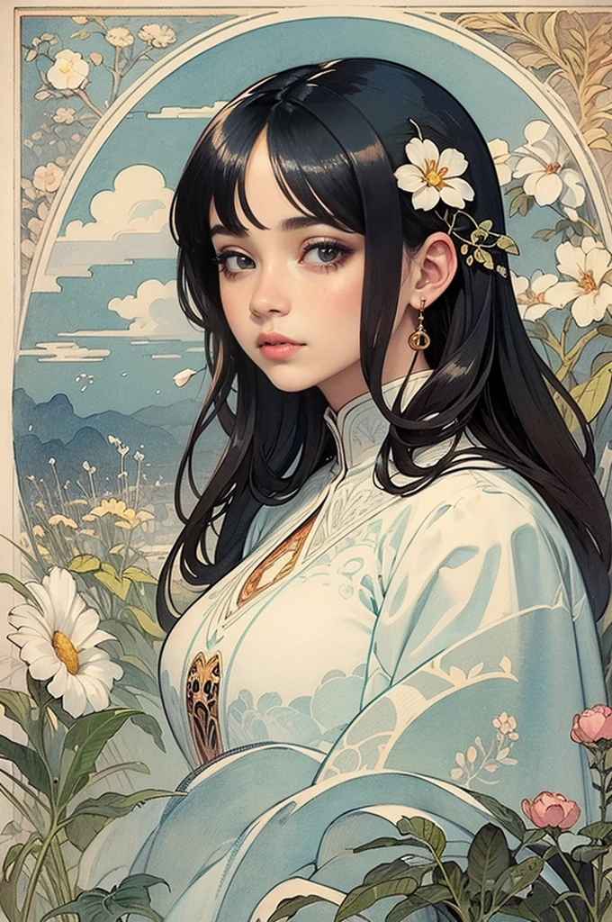 ((tmasterpiece)), (Best quality at best), (Cinematic),  Art Nouveau watercolor painting , lunar goddess  , large eyes, Long thick eyelashes, plump lips, dark red eye, Long hair is thick,  high ponytails, chubby, floral_background, Intricate designs and patterns in the style of Alphonse Mucha.