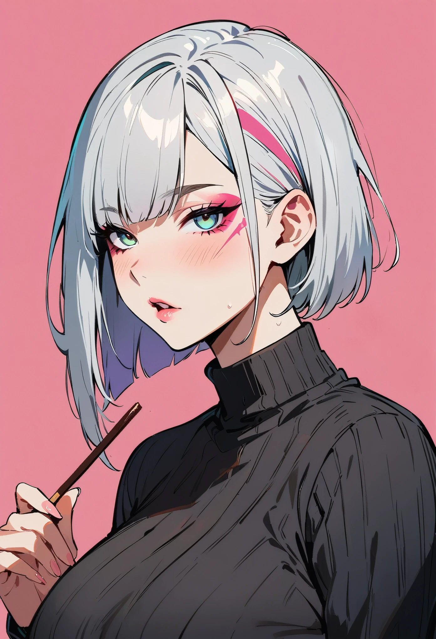 (masterpiece, best quality:1.4), 1 girl, 独奏, Anime style, Gray pupil, Blurred eyes, Holding pocky, Pink lower lip, Cyberpunk style makeup, Short silver asymmetrical hair, Asymmetrical short hairstyle, Long bangs on one side, Color highlights, Huge breasts, Black Sweater, Pink background.