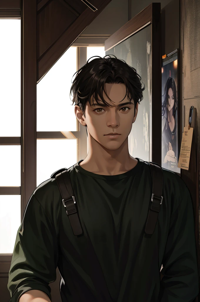 1 man, detailed facial features, beautiful brown eyes, dark skin, medium parted black hair, green jumpsuit, upper body pov, hallway, Reflection Light, God Rays, Ray Tracing, (best quality,4k,8k,highres,masterpiece:1.2),ultra-detailed,(realistic,photorealistic,photo-realistic:1.37),cinematic lighting,hyper detailed digital painting,dramatic lighting,moody atmosphere,vibrant colors