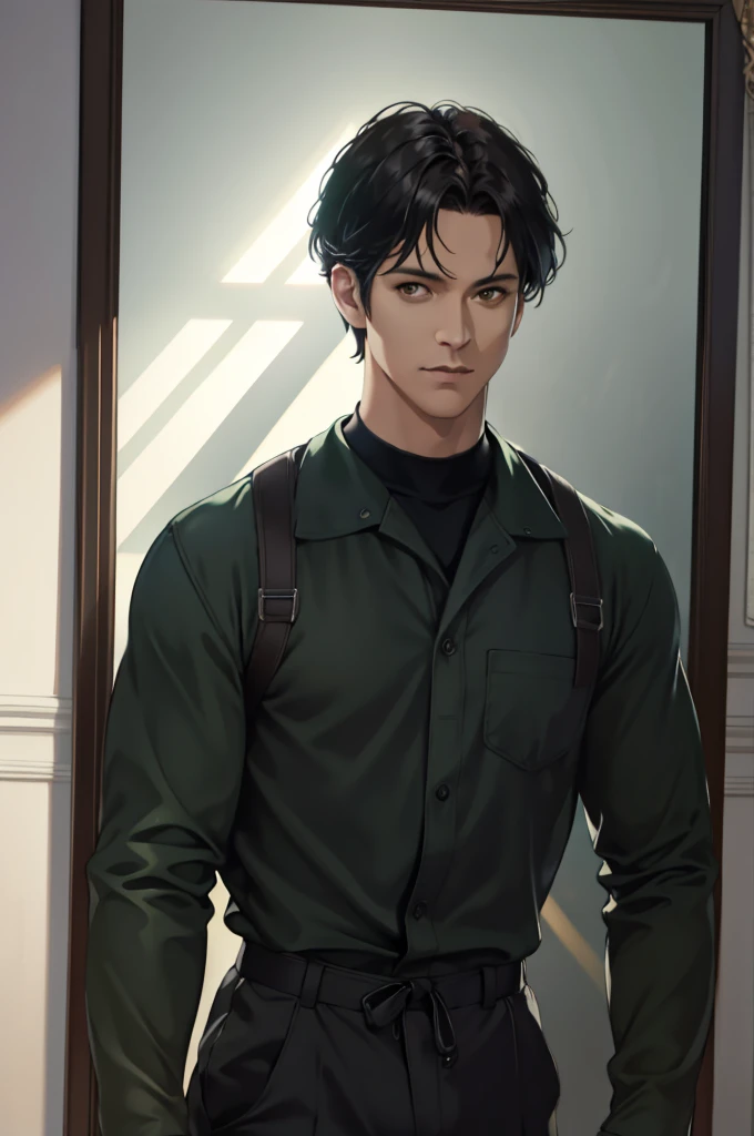 1 man, detailed facial features, beautiful brown eyes, dark skin, medium parted black hair, green jumpsuit, upper body pov, hallway, Reflection Light, God Rays, Ray Tracing, (best quality,4k,8k,highres,masterpiece:1.2),ultra-detailed,(realistic,photorealistic,photo-realistic:1.37),cinematic lighting,hyper detailed digital painting,dramatic lighting,moody atmosphere,vibrant colors