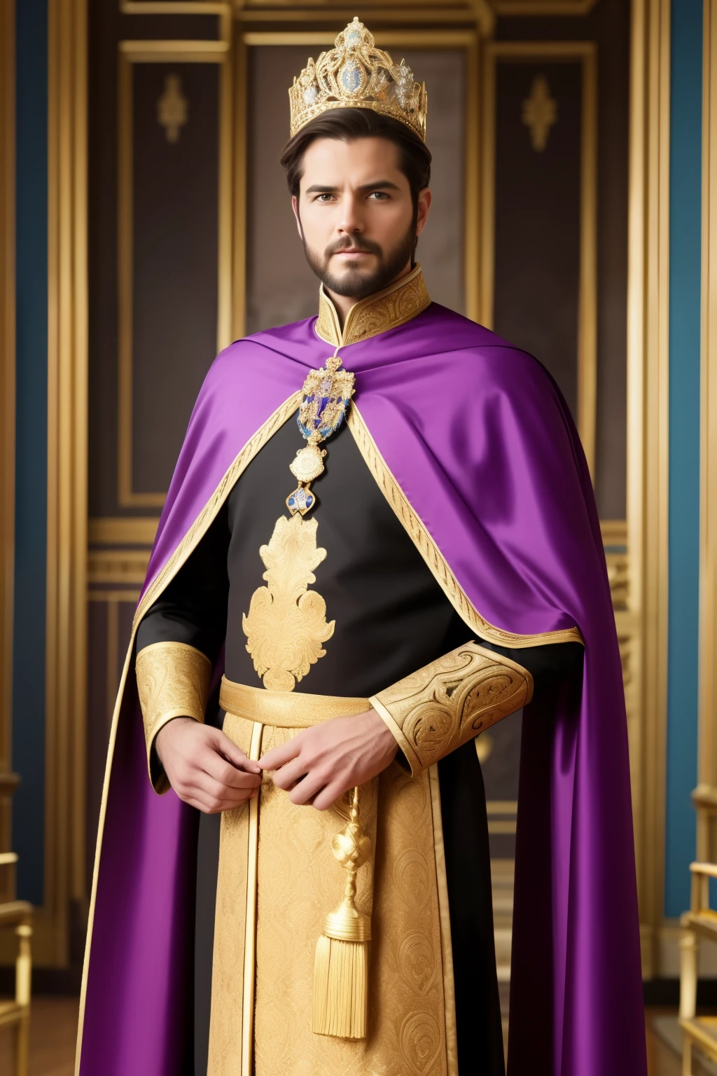 Creates an image of King Alexander, the revered father of Princess Jade. As a middle-aged man, he exudes a noble and benevolent aura. His hair, slightly greyish brown, is styled in a dignified manner, complementing his warm brown eyes that radiate wisdom and kindness. Dressed in a royal attire adorned with intricate golden patterns, he dons a majestic crown upon his head, symbolizing his regal status. A regal purple cape adds a touch of elegance to his attire.

King Alexander stands in the grandiose room of the palace, his posture exuding authority and compassion. The background of the image teems with details of the