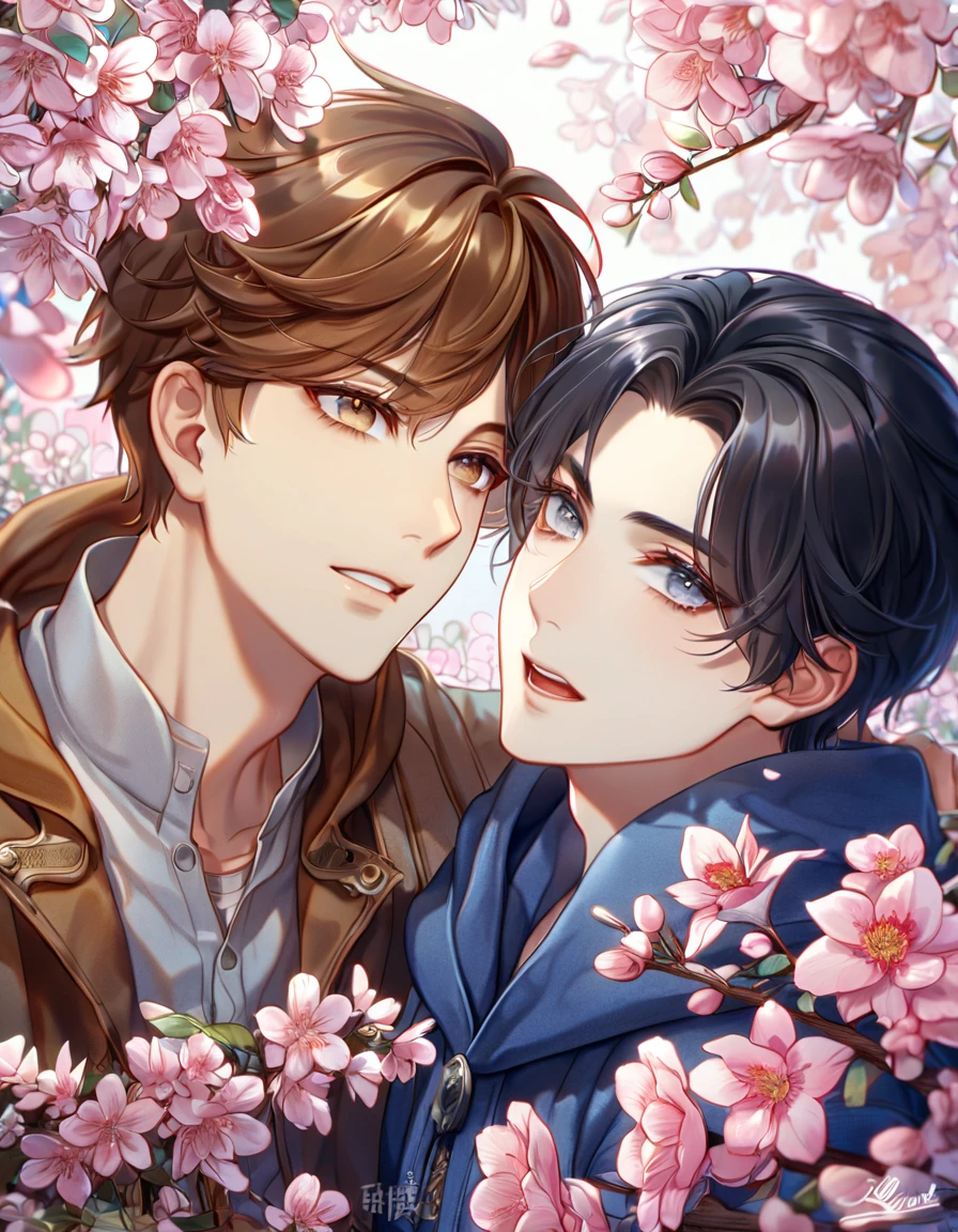 absurdres, highres, ultra detailed, HDR, master piece, best quality, extremely detailed face, delicated features, Zhang Qiling, black hair, expressive gray eyes, The Lost Tomb, Wu Xie, brown hair, expressive brown eyes, two sexy men together, yaoi, gay couple, handsome, blue hooded jacket, brown coat, fantasy, magical, pink butterflies, spring, pink leaves, pink flowers, garden