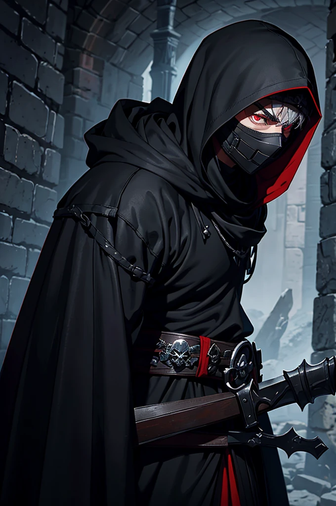 An assassin, male, fantasy character, physically strong, wearing a skull mask covering his face and eyes, dressed in black medieval attire, with a white hooded cloak over it, gray hair, short hair, red eyes, holding a dagger, nighttime background.