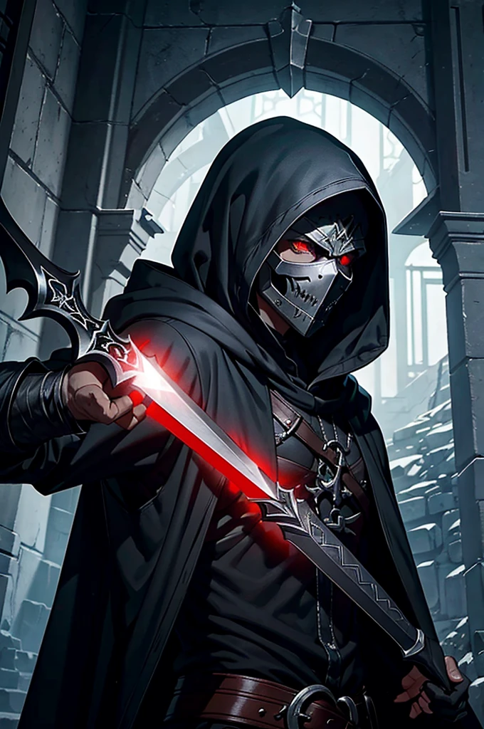An assassin, male, fantasy character, physically strong, wearing a skull mask covering his face and eyes, dressed in black medieval attire, with a white hooded cloak over it, gray hair, short hair, red eyes, holding a dagger, nighttime background.