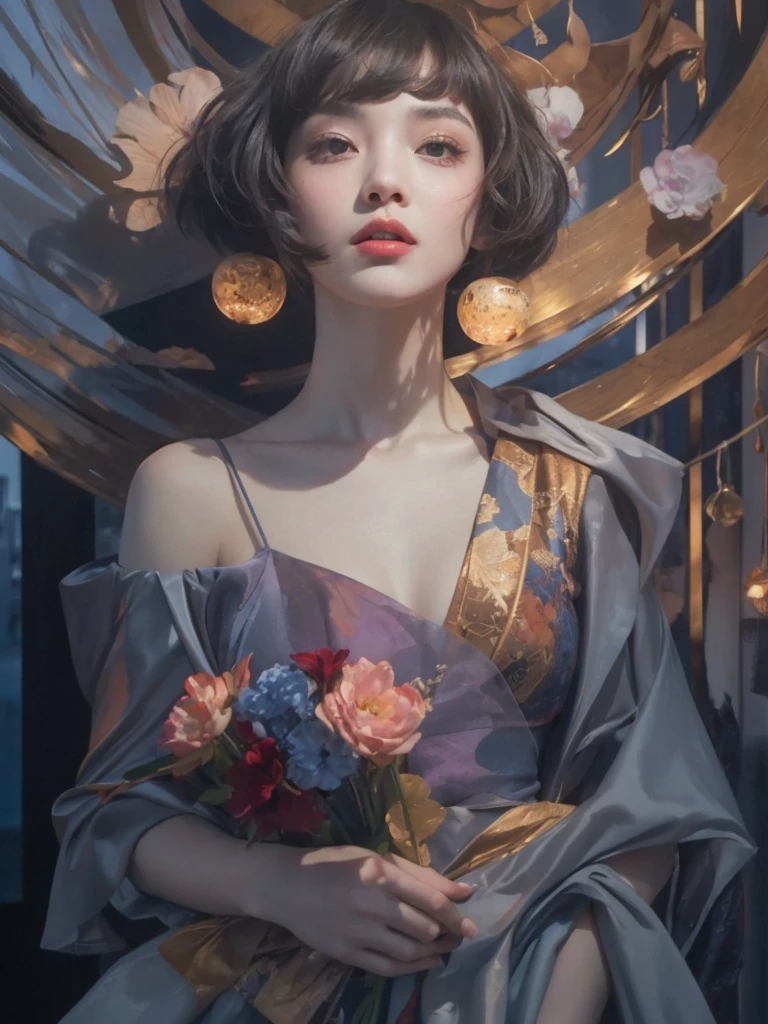 (Best quality, 8k, 32k, Masterpiece, UHD:1.2), "Produce a captivating art piece featuring a girl with a stylish bob haircut, illuminated by dramatic and cinematic lighting that accentuates the contours of her face and hair. Create an atmosphere that exudes intrigue and depth, with shadows and highlights playing a central role in defining the scene. The lighting should emphasize the girl's features and add an extra layer of drama to the composition, making it visually striking and evoking a sense of mystery and allure."