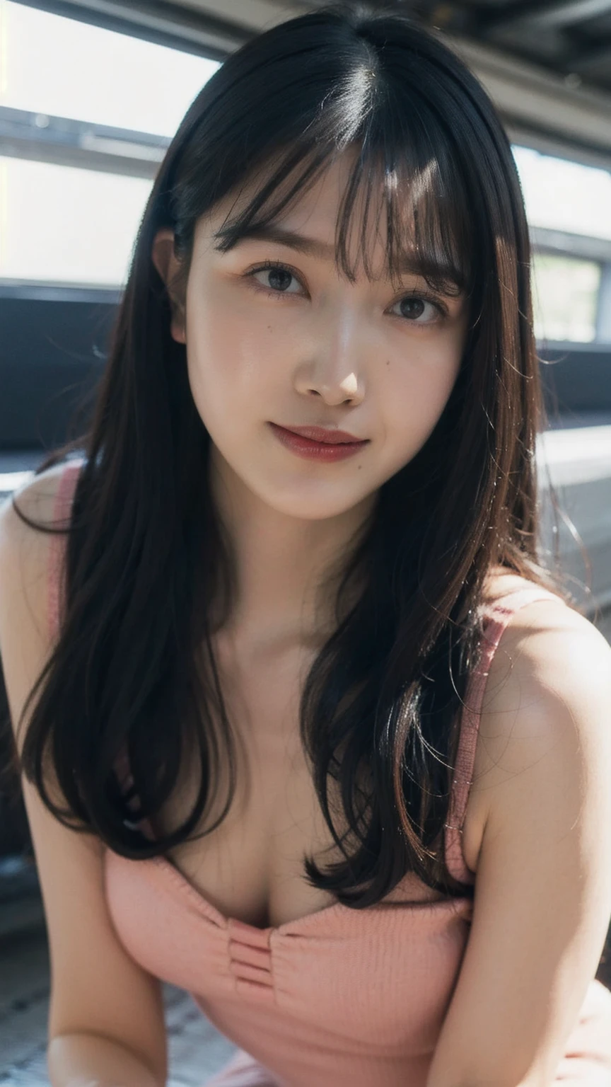 realistic photos of (1 cute Korean star) flipped hair, thin makeup, (big breasts), sexy erotic tiny string of G-string lingerie, at the train station, clear facial features of Canon EOS, 16k, high resolution, sharp and realistic details,  overexposure, cut-in, UHD, high res, best quality, 3/4 body, little smile, (sweating), ((long hair))