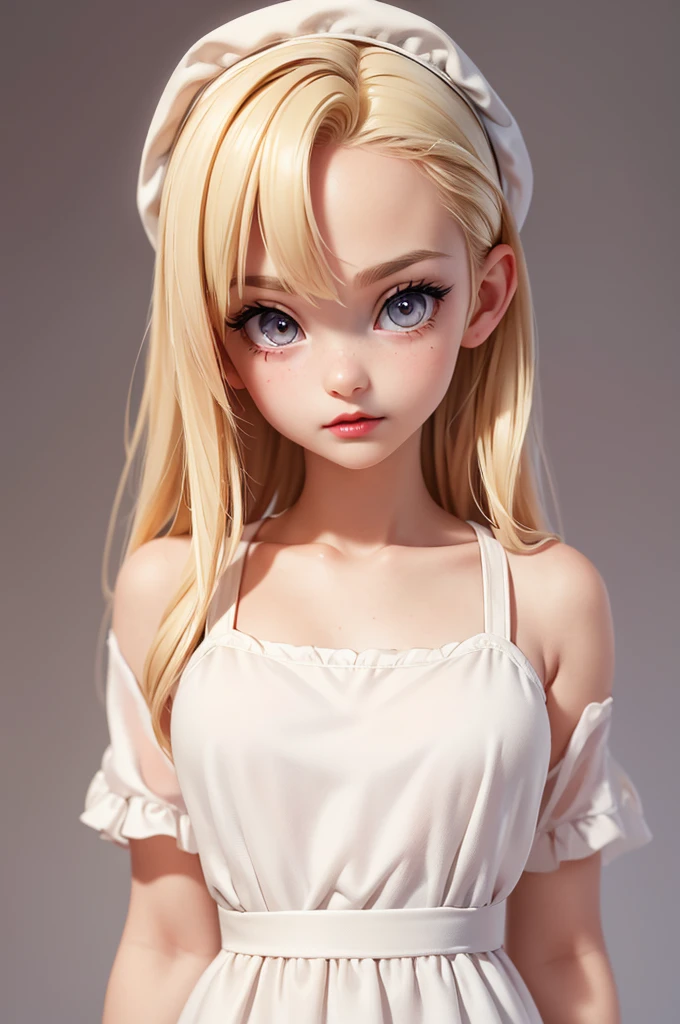 hyperrealistic 14 year old american , blonde, little, perfect tiny body, sexy, dark makeup, perfect slim face, big red lips, very cute face, tiny body, big eyes, young looking, childish looking, white pijama dress, big breasts