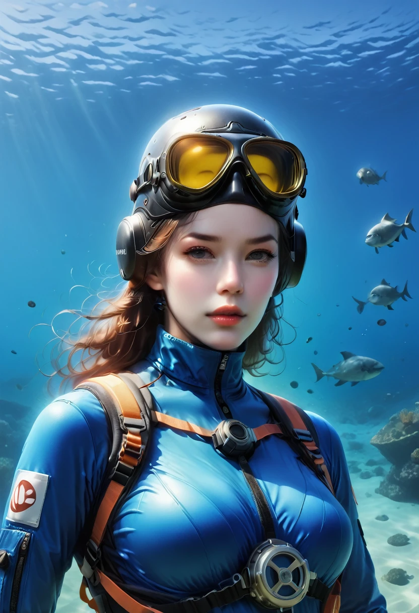 ((full body shot))During the diving course，pregnant There is a lady wearing a diving suit and goggles,Wear a diving helmet, Instagram, A diver on the seabed, A diver on the seabed, old scuba, GoPro shooting, Abandoned diving mask, Underwater perspective, 3 6 0 capture, amanda clarke, Underwater shooting,