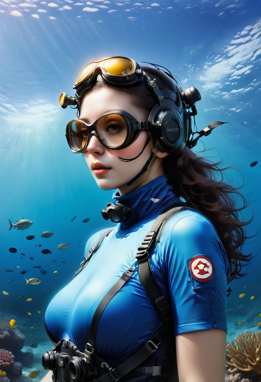 ((full body shot))During the diving course,pregnant There is a lady wearing a diving suit and goggles,Wear a diving helmet, Instagram, A diver on the seabed, A diver on the seabed, old scuba, GoPro shooting, Abandoned diving mask, Underwater perspective, 3 6 0 capture, amanda clarke, Underwater shooting,
