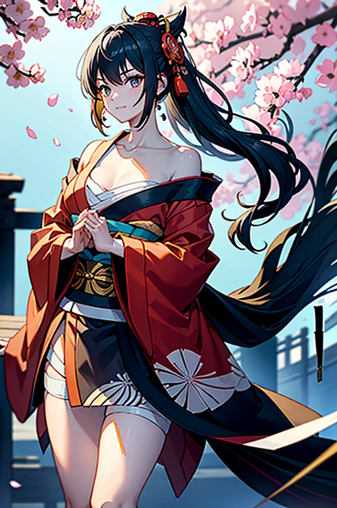 ((roll up bandage sideways on a  chest tightly to cover the chest without gaps)),  bandage samweways, the bantage is no chest shape, flat chest, ((Japanese Gangster BOSS)), adult woman with the dignified presence, Killing Qi, wear nothing around shoulder, wear nothing around neck, wear the kimono, wear it below the waist, (I wind it up to control it, and to attach it),  ((kimono come off)) ,wear the kimono multiple times, Bare shoulders and the clavicle, black and gold kimono, put on over jacket of kimono, (holding a japanese sword which shine in purple, The handole of the sword is black, and the blade is gray, long sword), eye fire, low angle, whole body, bandage is seen, anime character, Glaring, off sholder, nappropriate smile, Excellent, black blue hair, can see both shoulder, ((long kimono hem)), small face, ((some cherry blossam big tattoo on the arm)),((Sit with your legs folded)), ((background Japanese gate with circlr mark)),Muscular,drink sake,fullmoon in the sky, The kimono is spreading