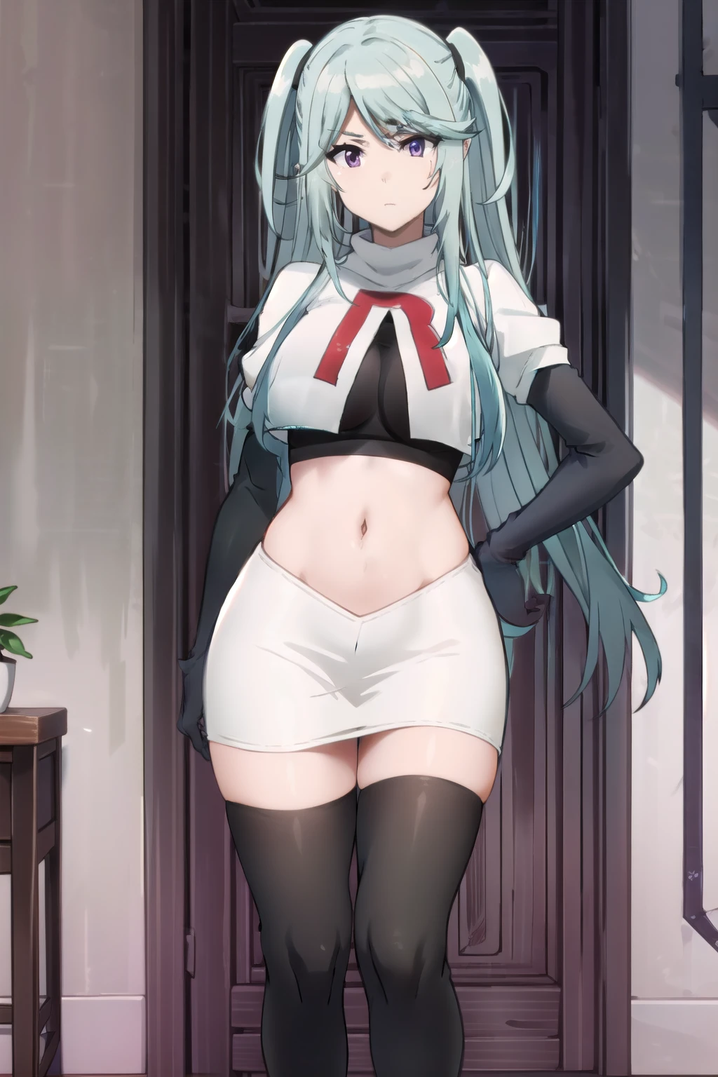 tall body, tall, long legs, mature female, mature, adult, simple background,
eft_eminence_epil, 1girl, twintails, purple eyes, long hair, looking at viewer, solo focus, bangs, blue hair, indoors, very long hair, breasts, sidelocks, team rocket,team rocket uniform,white skirt,red letter R,crop top,black thigh-highs,black elbow gloves
