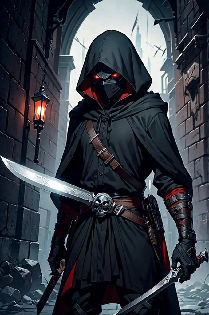 An assassin, male, fantasy character, physically strong, wearing a skull mask covering his face and eyes, dressed in black medieval attire, with a white hooded cloak over it, gray hair, short hair, red eyes, holding a dagger, nighttime background.