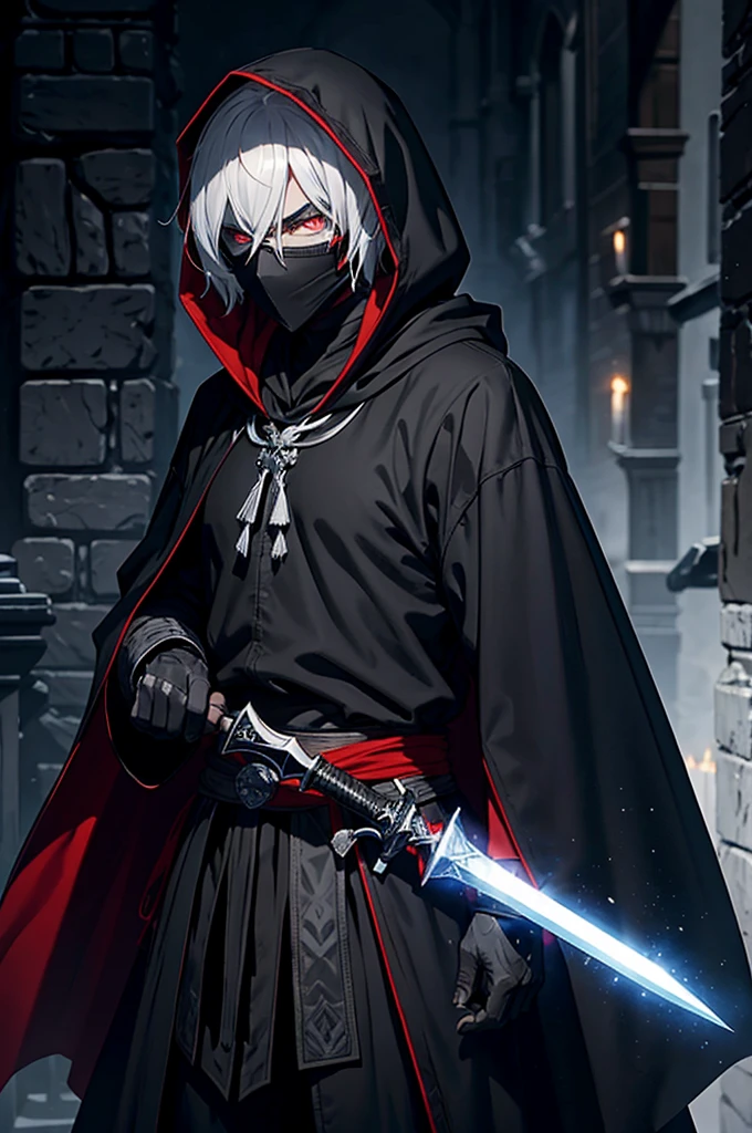 An assassin, male, fantasy character, physically strong, wearing a skull mask covering his face and eyes, dressed in black medieval attire, with a white hooded cloak over it, gray hair, short hair, red eyes, holding a dagger, nighttime background.