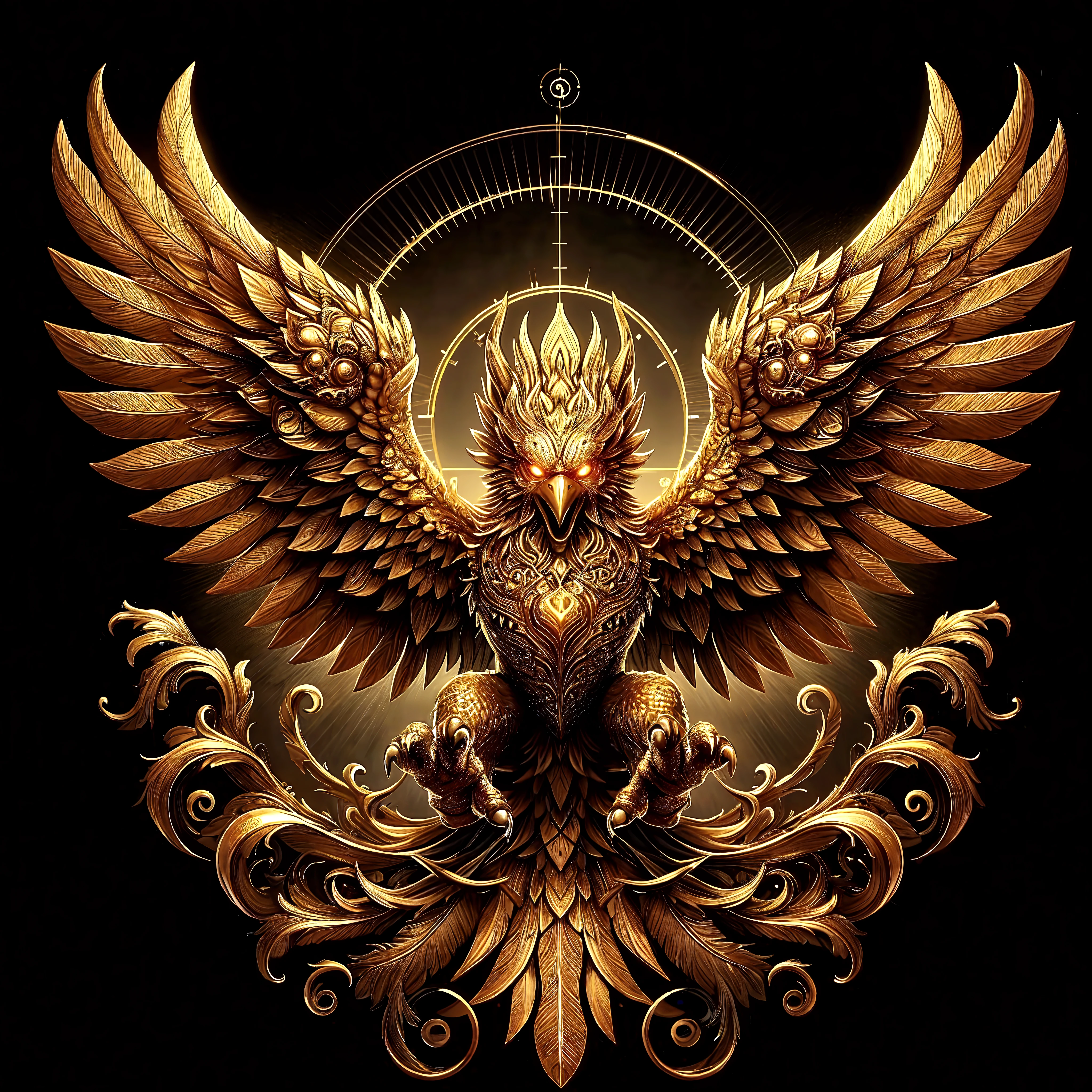 Goldener gepanzerter Engel, Wings of energy, Heiligenschein aus Metall, kein Gesicht, Verdeckt, Gold, Hirngespinst, Konzeptzeichnung, ultra realistisch, Charakterkunst von Simon Bisley
