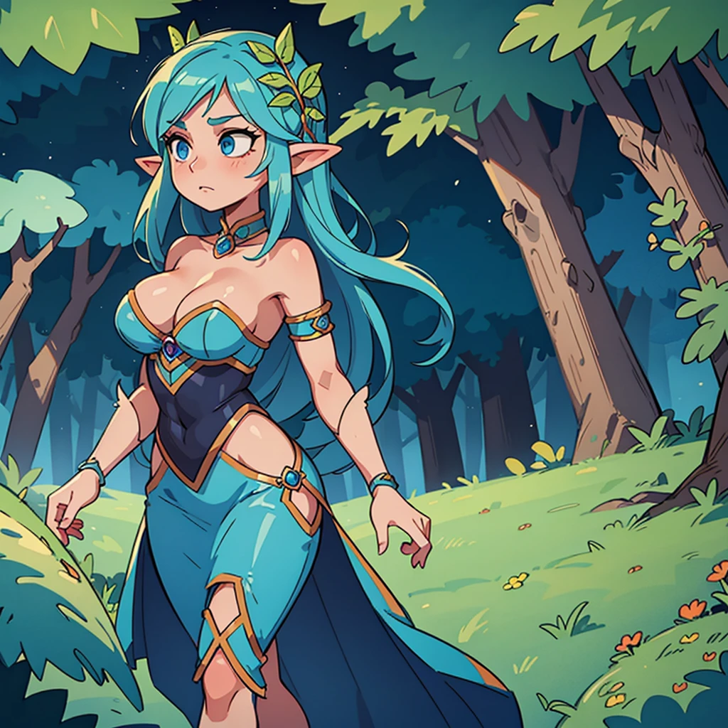 ((best quality, masterpiece)), elf, blue hair, Revealing clothing, enchantress, magic, beautiful background