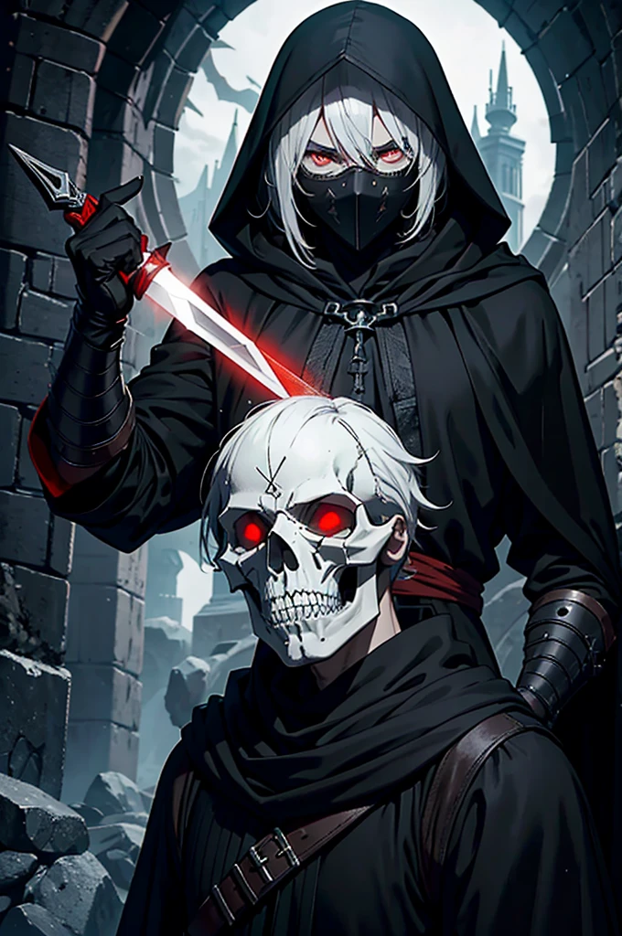 An assassin, male, fantasy character, physically strong, wearing a skull mask covering his face and eyes, dressed in black medieval attire, with a white hooded cloak over it, gray hair, short hair, red eyes, holding a dagger, nighttime background.