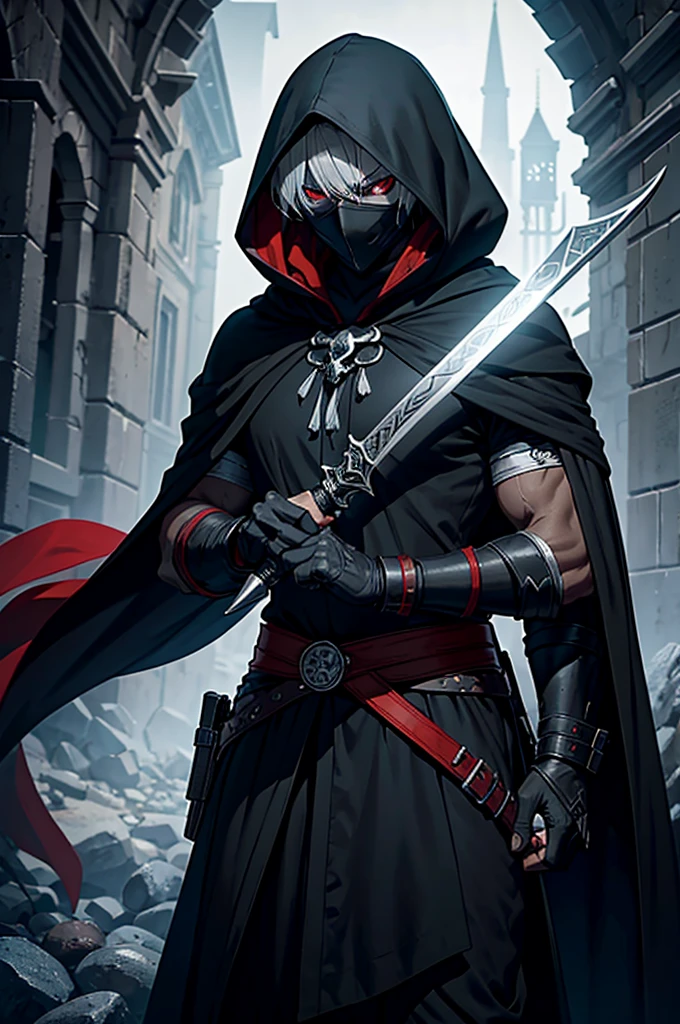 An assassin, male, fantasy character, physically strong, wearing a skull mask covering his face and eyes, dressed in black medieval attire, with a white hooded cloak over it, gray hair, short hair, red eyes, holding a dagger, nighttime background.