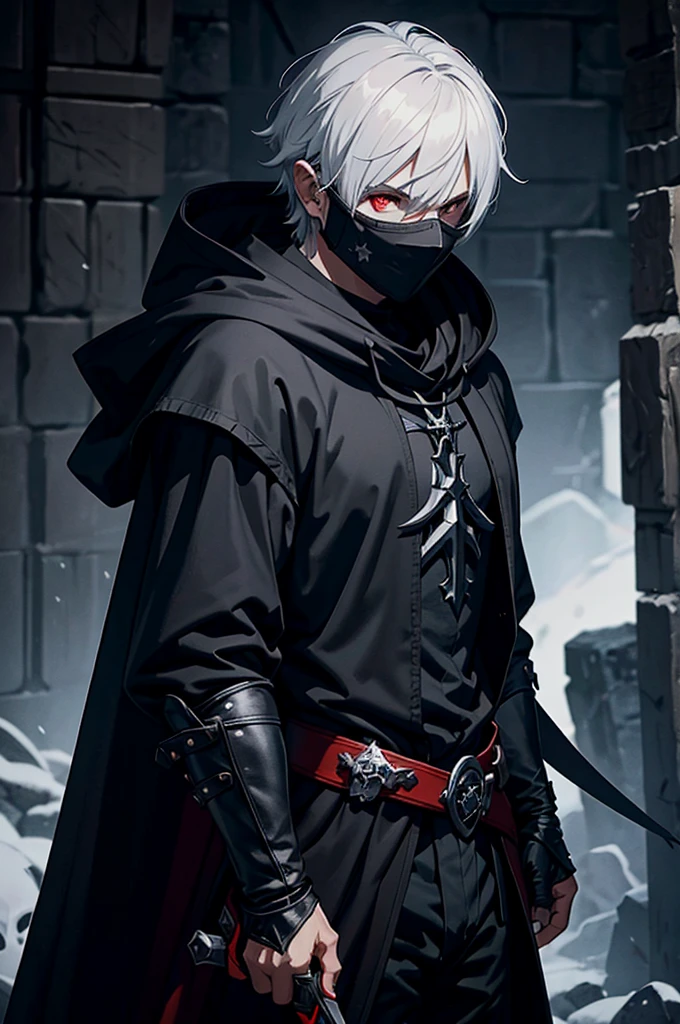 An assassin, male, fantasy character, physically strong, wearing a skull mask covering his face and eyes, dressed in black medieval attire, with a white hooded cloak over it, gray hair, short hair, red eyes, holding a dagger, nighttime background.