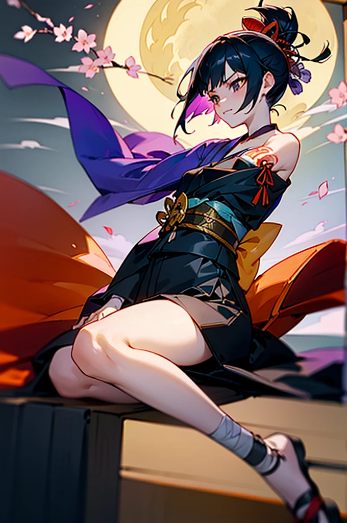 ((roll up bandage sideways on a chest tightly to cover the chest without gaps)), bandage samweways, the bantage is no chest shape, flat chest, ((Japanese Gangster BOSS)), adult woman with the dignified presence, Killing Qi, wear nothing around shoulder, wear nothing around neck, wear the kimono, wear it below the waist, (I wind it up to control it, and to attach it), ((kimono come off)) ,wear the kimono multiple times, Bare shoulders and the clavicle, black and gold kimono, put on over jacket of kimono, (holding a japanese sword which shine in purple, The handole of the sword is black, and the blade is gray, long sword), eye fire, low angle, whole body, bandage is seen, anime character, Glaring, off sholder, nappropriate smile, Excellent, black blue hair, can see both shoulder, ((long kimono hem)), small face, ((some cherry blossam big tattoo on the arm)),((Sit with your legs folded)), ((background Japanese gate with circlr mark)),Muscular,drink sake,fullmoon in the sky, The kimono is spreading