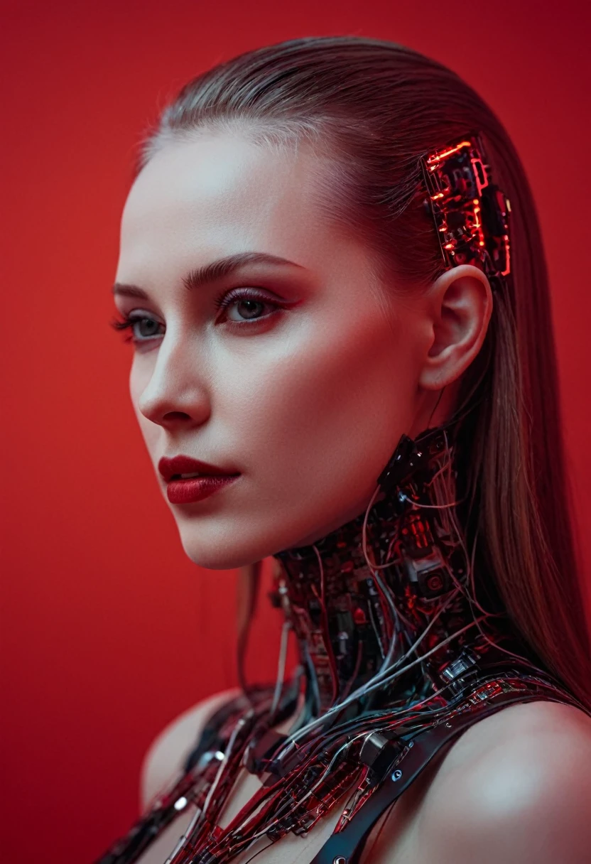 A beautiful ((evil slavic woman)), pale skin, long dark blond hair, with robotic features as a closeup shot of the face and neck, with circuitry on her skin, clean lines, minimal details, cyberpunk, portrayed in profile with a red background, futuristic design, in a 2D flat composition, red tones