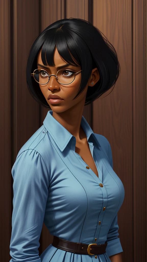 Foto hiperrealista en primer plano de Naomi Campbell, masterpiece, best quality, (photorealistic:1.4), A disheveled woman in a blue shirt and glasses standing in front of a wooden wall, inspired by Bernardino Mei's style. The portrait has a Renaissance aesthetic but is modernized, suitable for a Reddit post. Photograph credit: AP, with artistic elements reminiscent of Lindsey Look. The woman has blunt bangs falling on her forehead, a medium close-up shot, and she is in court, standing behind bars. Inspired by Robin Eley, she has black hair with bangs. The theme is serious and intense, set in a courtroom. Her expression and demeanor suggest she is psycho, adding a disturbing edge to her appearance