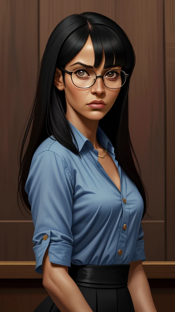 Foto hiperrealista en primer plano de Naomi Campbell, masterpiece, best quality, (photorealistic:1.4), A disheveled woman in a blue shirt and glasses standing in front of a wooden wall, inspired by Bernardino Mei's style. The portrait has a Renaissance aesthetic but is modernized, suitable for a Reddit post. Photograph credit: AP, with artistic elements reminiscent of Lindsey Look. The woman has blunt bangs falling on her forehead, a medium close-up shot, and she is in court, standing behind bars. Inspired by Robin Eley, she has black hair with bangs. The theme is serious and intense, set in a courtroom. Her expression and demeanor suggest she is psycho, adding a disturbing edge to her appearance