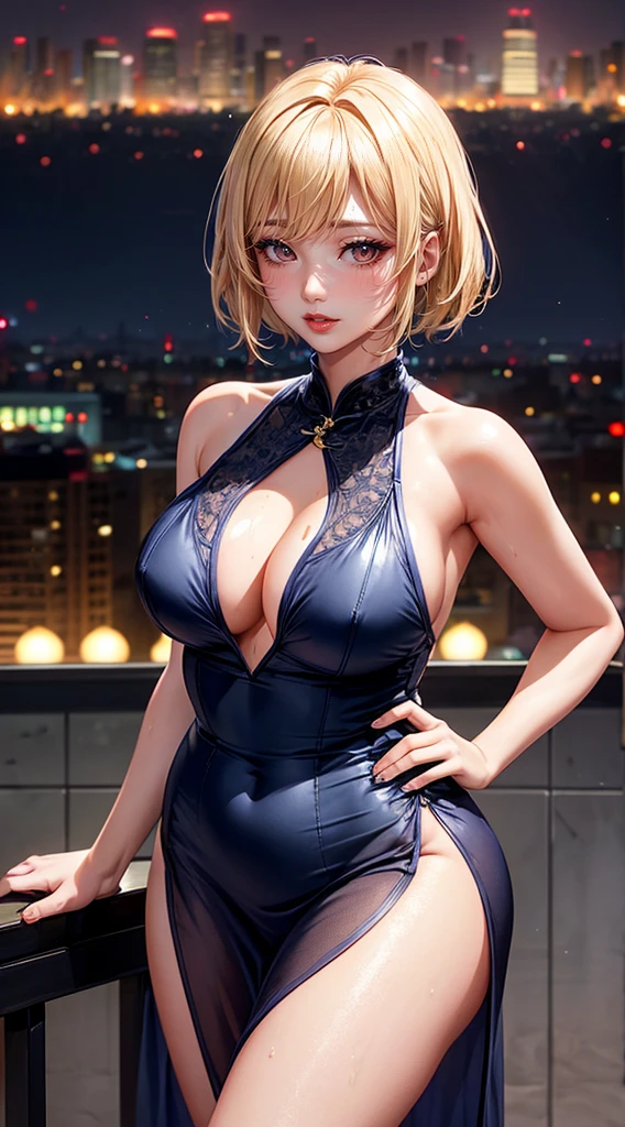 Korean Idols, A MILF, Wavy blonde with bangs Shorthair, Plump lips, sheer see-through navy blue plunging deep-v cheongsam long dress, ((Dressing)),Looking at the camera, Duck mouth, sweaty and shiny skin,Bright red lipstick Rooftop of a building with a beautiful night view of Beijing, Photorealistic flushed cheeks