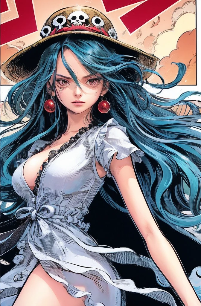 Woman, black, long curly hair, Eyes red, wears a pirate hat with a feather on the tip, wears a brown overcoat with black details, black gloves, serious look, Arte estilo de anime, Estilo One Piece