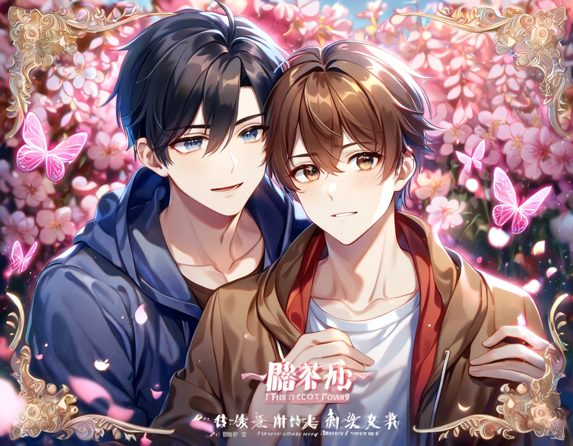 absurdres, highres, ultra detailed, HDR, master piece, best quality, extremely detailed face, delicated features, Zhang Qiling, black hair, expressive gray eyes, hair between the eyes, with bangs, The Lost Tomb, Wu Xie, brown hair, expressive brown eyes, two sexy men together, yaoi, gay couple, handsome, blue hooded jacket, brown coat, fantasy, magical, pink butterflies, spring, pink leaves, pink flowers, garden