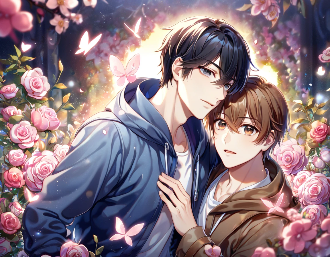 absurdres, highres, ultra detailed, HDR, master piece, best quality, extremely detailed face, delicated features, Zhang Qiling, black hair, expressive gray eyes, hair between the eyes, with bangs, The Lost Tomb, Wu Xie, brown hair, expressive brown eyes, two sexy men together, yaoi, gay couple, handsome, blue hooded jacket, brown coat, fantasy, magical, pink butterflies, spring, pink leaves, pink flowers, garden